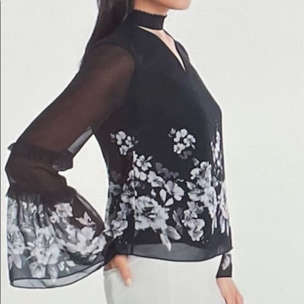 WHBM Black Sheer Floral Print Blouse